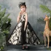 Chic / Beautiful Black Flower Girl Dresses 2019 A-Line / Princess Scoop Neck Sleeveless Embroidered Flower Ankle Length Ruffle Wedding Party Dresses