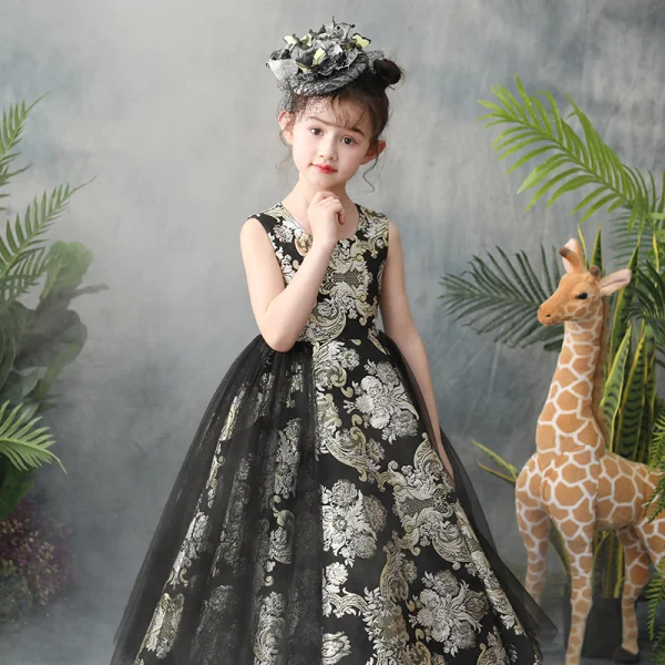 Chic / Beautiful Black Flower Girl Dresses 2019 A-Line / Princess Scoop Neck Sleeveless Embroidered Flower Ankle Length Ruffle Wedding Party Dresses