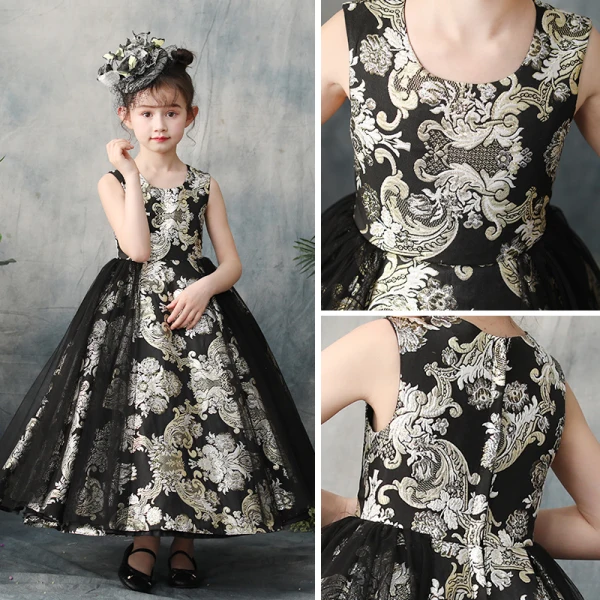 Chic / Beautiful Black Flower Girl Dresses 2019 A-Line / Princess Scoop Neck Sleeveless Embroidered Flower Ankle Length Ruffle Wedding Party Dresses