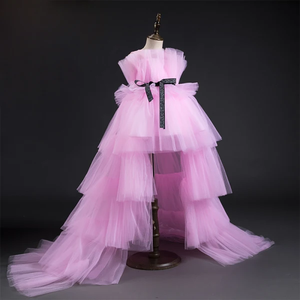 High Low Candy Pink Flower Girl Dresses 2019 A-Line / Princess Square Neckline Sleeveless Sash Cascading Ruffles Wedding Party Dresses