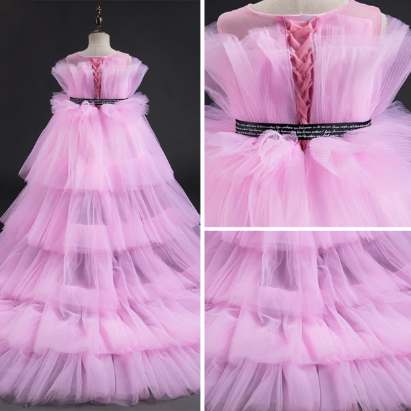 High Low Candy Pink Flower Girl Dresses 2019 A-Line / Princess Square Neckline Sleeveless Sash Cascading Ruffles Wedding Party Dresses