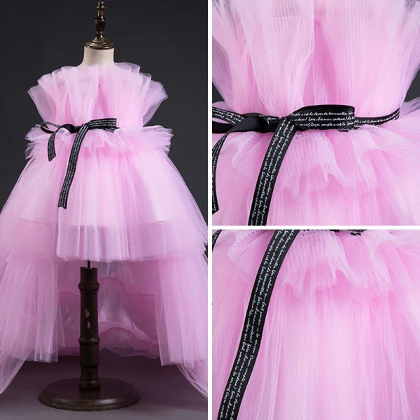 High Low Candy Pink Flower Girl Dresses 2019 A-Line / Princess Square Neckline Sleeveless Sash Cascading Ruffles Wedding Party Dresses