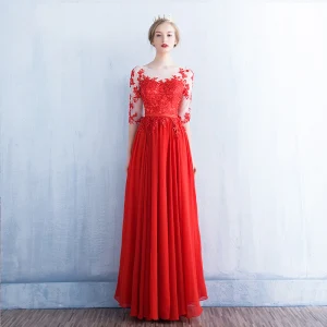 Moderne Mode Rouge Transparentes Robe De Soirée 2018 Princesse Encolure Dégagée 1 2 Manches Appliques En Dentelle Perlage Paillettes Ceinture Longue Volants Dos Nu Robe De Ceremonie