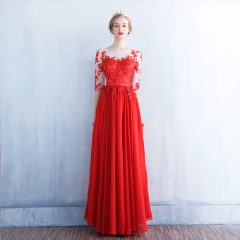 Moderne Mode Rouge Transparentes Robe De Soirée 2018 Princesse Encolure Dégagée 1 2 Manches Appliques En Dentelle Perlage Paillettes Ceinture Longue Volants Dos Nu Robe De Ceremonie