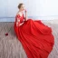 Moderne / Mode Rouge Transparentes Robe De Soirée 2018 Princesse Encolure Dégagée 1/2 Manches Appliques En Dentelle Perlage Paillettes Ceinture Longue Volants Dos Nu Robe De Ceremonie