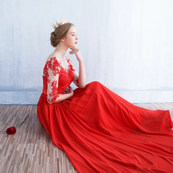 Moderne / Mode Rouge Transparentes Robe De Soirée 2018 Princesse Encolure Dégagée 1/2 Manches Appliques En Dentelle Perlage Paillettes Ceinture Longue Volants Dos Nu Robe De Ceremonie
