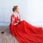 Moderne / Mode Rouge Transparentes Robe De Soirée 2018 Princesse Encolure Dégagée 1/2 Manches Appliques En Dentelle Perlage Paillettes Ceinture Longue Volants Dos Nu Robe De Ceremonie