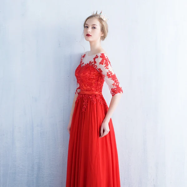 Moderne / Mode Rouge Transparentes Robe De Soirée 2018 Princesse Encolure Dégagée 1/2 Manches Appliques En Dentelle Perlage Paillettes Ceinture Longue Volants Dos Nu Robe De Ceremonie