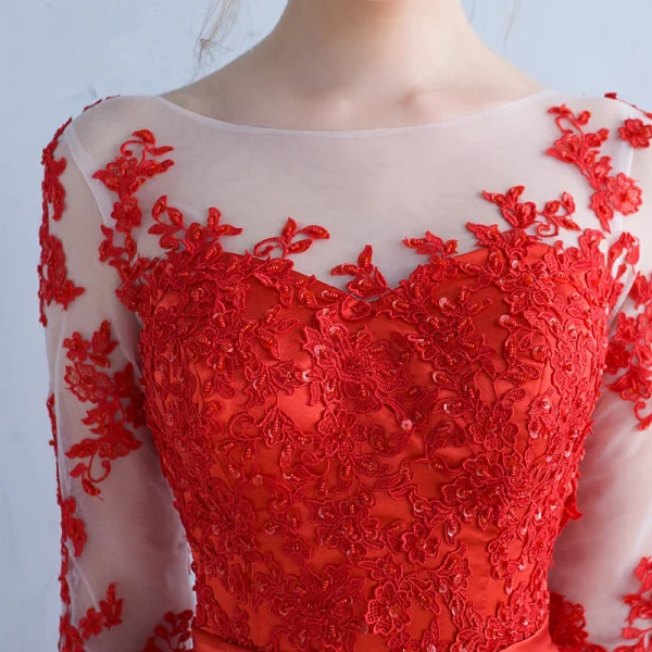 Moderne / Mode Rouge Transparentes Robe De Soirée 2018 Princesse Encolure Dégagée 1/2 Manches Appliques En Dentelle Perlage Paillettes Ceinture Longue Volants Dos Nu Robe De Ceremonie