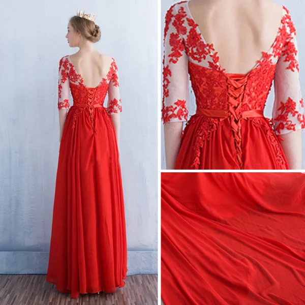Moderne / Mode Rouge Transparentes Robe De Soirée 2018 Princesse Encolure Dégagée 1/2 Manches Appliques En Dentelle Perlage Paillettes Ceinture Longue Volants Dos Nu Robe De Ceremonie