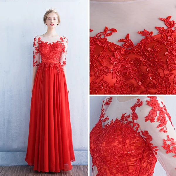 Moderne / Mode Rouge Transparentes Robe De Soirée 2018 Princesse Encolure Dégagée 1/2 Manches Appliques En Dentelle Perlage Paillettes Ceinture Longue Volants Dos Nu Robe De Ceremonie