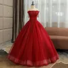 Affordable Quinceañera Burgundy Prom Dresses 2019 A-Line / Princess Crossed Straps Off-The-Shoulder Short Sleeve Beading Tassel Appliques Lace Floor-Length / Long Ruffle Backless