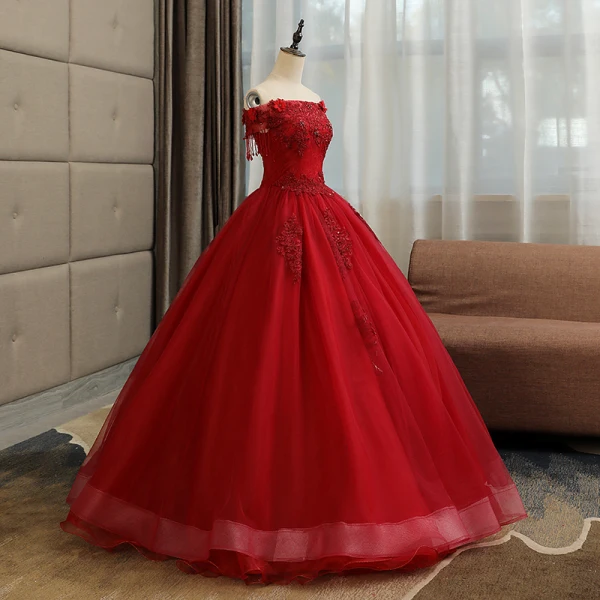 Affordable Quinceañera Burgundy Prom Dresses 2019 A-Line / Princess Crossed Straps Off-The-Shoulder Short Sleeve Beading Tassel Appliques Lace Floor-Length / Long Ruffle Backless