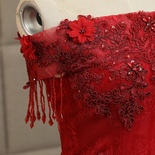 Affordable Quinceañera Burgundy Prom Dresses 2019 A-Line / Princess Crossed Straps Off-The-Shoulder Short Sleeve Beading Tassel Appliques Lace Floor-Length / Long Ruffle Backless