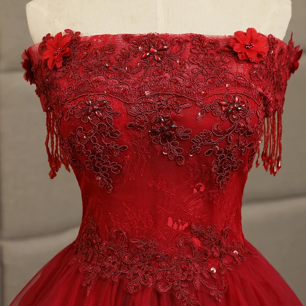 Affordable Quinceañera Burgundy Prom Dresses 2019 A-Line / Princess Crossed Straps Off-The-Shoulder Short Sleeve Beading Tassel Appliques Lace Floor-Length / Long Ruffle Backless