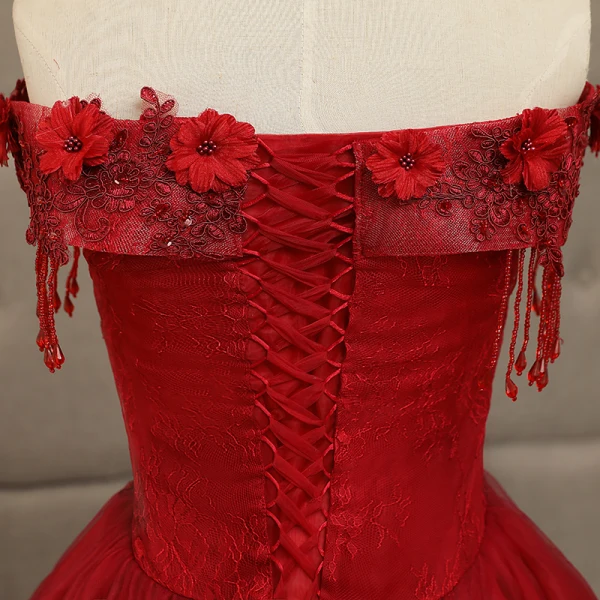 Affordable Quinceañera Burgundy Prom Dresses 2019 A-Line / Princess Crossed Straps Off-The-Shoulder Short Sleeve Beading Tassel Appliques Lace Floor-Length / Long Ruffle Backless