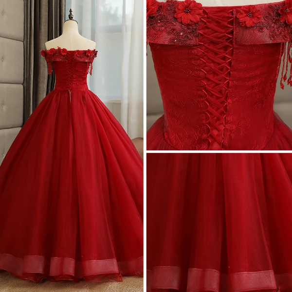 Affordable Quinceañera Burgundy Prom Dresses 2019 A-Line / Princess Crossed Straps Off-The-Shoulder Short Sleeve Beading Tassel Appliques Lace Floor-Length / Long Ruffle Backless