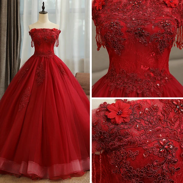 Affordable Quinceañera Burgundy Prom Dresses 2019 A-Line / Princess Crossed Straps Off-The-Shoulder Short Sleeve Beading Tassel Appliques Lace Floor-Length / Long Ruffle Backless