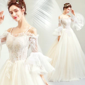 Affordable Champagne Wedding Dresses 2019 A Line Princess Off The Shoulder Spaghetti Straps Bell Sleeves Backless Appliques Lace Beading Sweep Train Ruffle