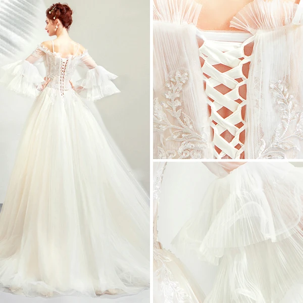 Abordable Champagne Robe De Mariée 2019 Princesse De l'épaule Bretelles Spaghetti Manches de cloche Dos Nu Appliques En Dentelle Perlage Train De Balayage Volants
