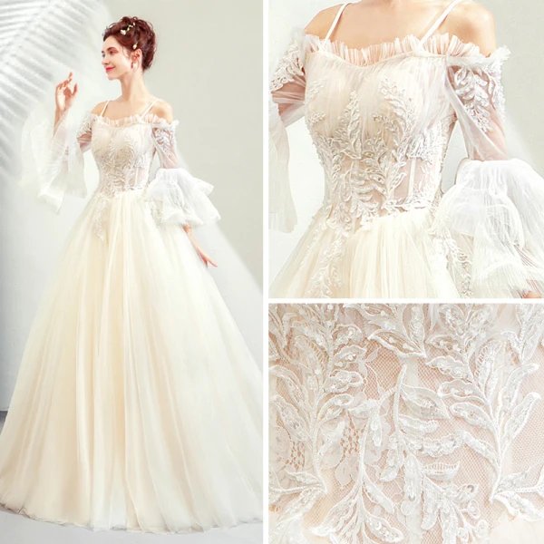 Abordable Champagne Robe De Mariée 2019 Princesse De l'épaule Bretelles Spaghetti Manches de cloche Dos Nu Appliques En Dentelle Perlage Train De Balayage Volants