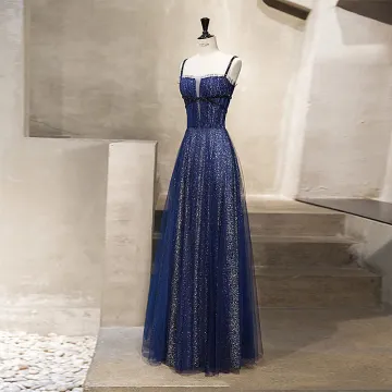 Cielo Estrellado Azul Real Vestidos De Noche 2019 A Line Princess Spaghetti Straps Sin Mangas Glitter Lentejuelas Largos Ruffle Sin Espalda Vestidos Formales