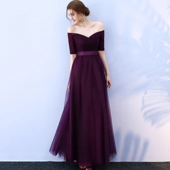 Affordable Grape Bridesmaid Dresses 2019 A Line Princess Off The Shoulder 1 2 Sleeves Sash Floor Length Long Ruffle Backless Wedding Party Dresses