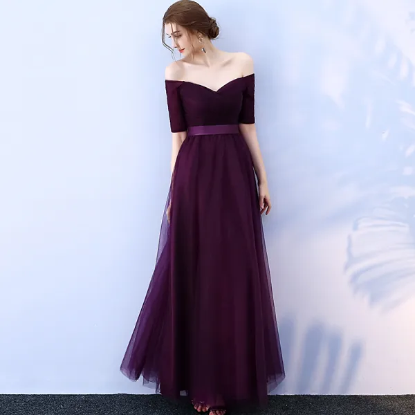 Affordable Grape Bridesmaid Dresses 2019 A-Line / Princess Off-The-Shoulder 1/2 Sleeves Sash Floor-Length / Long Ruffle Backless Wedding Party Dresses