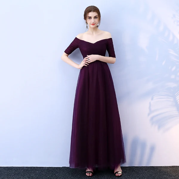 Affordable Grape Bridesmaid Dresses 2019 A-Line / Princess Off-The-Shoulder 1/2 Sleeves Sash Floor-Length / Long Ruffle Backless Wedding Party Dresses