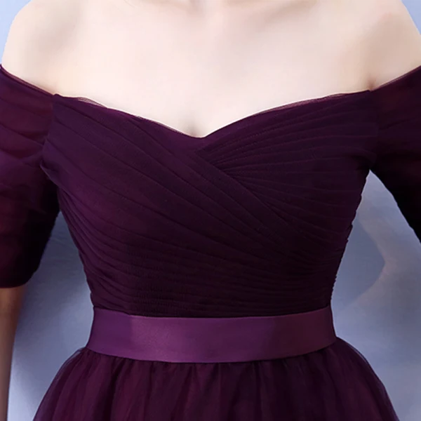 Affordable Grape Bridesmaid Dresses 2019 A-Line / Princess Off-The-Shoulder 1/2 Sleeves Sash Floor-Length / Long Ruffle Backless Wedding Party Dresses