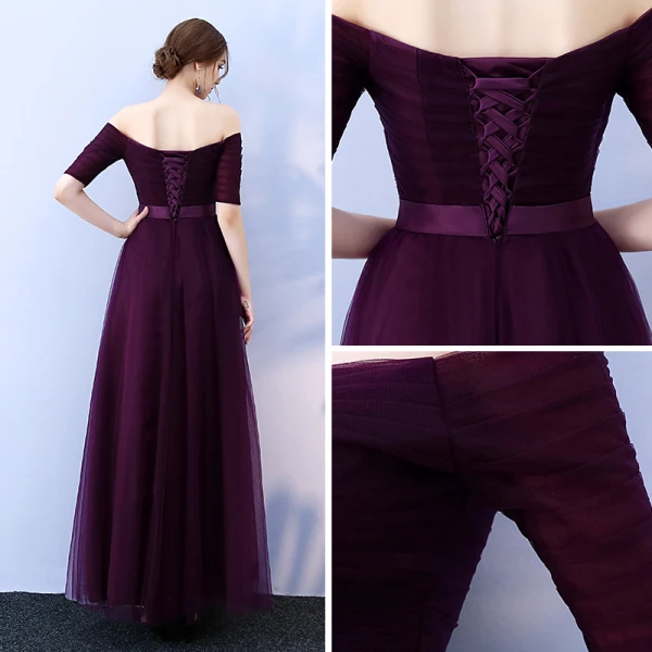 Affordable Grape Bridesmaid Dresses 2019 A-Line / Princess Off-The-Shoulder 1/2 Sleeves Sash Floor-Length / Long Ruffle Backless Wedding Party Dresses