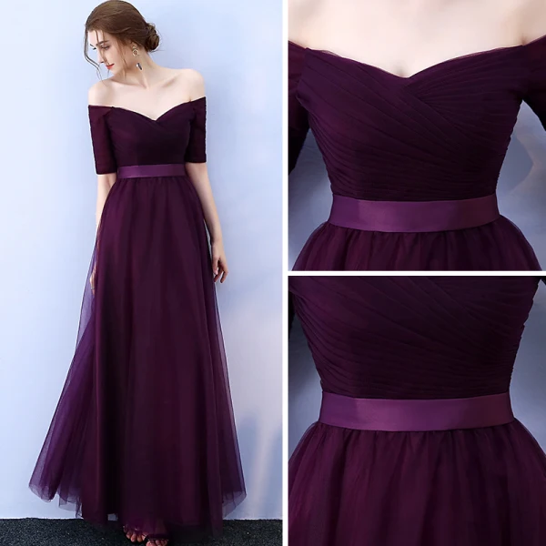Affordable Grape Bridesmaid Dresses 2019 A-Line / Princess Off-The-Shoulder 1/2 Sleeves Sash Floor-Length / Long Ruffle Backless Wedding Party Dresses