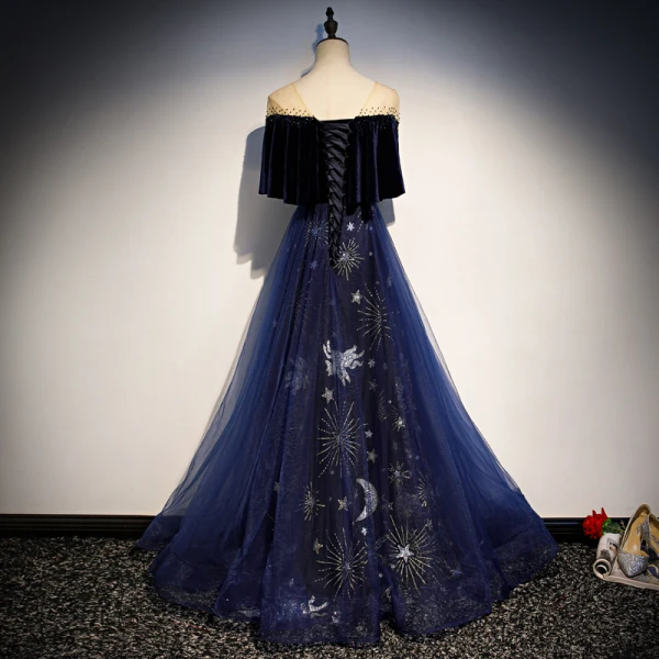 Modern / Fashion Navy Blue Suede See-through Evening Dresses 2019 A-Line / Princess V-Neck 1/2 Sleeves Rhinestone Glitter Sequins Floor-Length / Long Ruffle Backless Formal Dresses