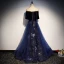 Modern / Fashion Navy Blue Suede See-through Evening Dresses  2019 A-Line / Princess V-Neck 1/2 Sleeves Rhinestone Glitter Sequins Floor-Length / Long Ruffle Backless Formal Dresses