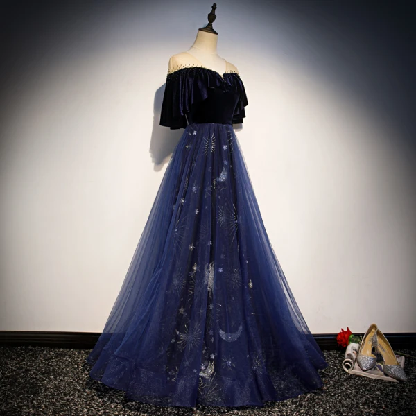 Modern / Fashion Navy Blue Suede See-through Evening Dresses 2019 A-Line / Princess V-Neck 1/2 Sleeves Rhinestone Glitter Sequins Floor-Length / Long Ruffle Backless Formal Dresses