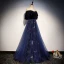 Modern / Fashion Navy Blue Suede See-through Evening Dresses  2019 A-Line / Princess V-Neck 1/2 Sleeves Rhinestone Glitter Sequins Floor-Length / Long Ruffle Backless Formal Dresses