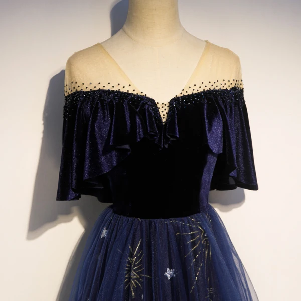 Modern / Fashion Navy Blue Suede See-through Evening Dresses 2019 A-Line / Princess V-Neck 1/2 Sleeves Rhinestone Glitter Sequins Floor-Length / Long Ruffle Backless Formal Dresses