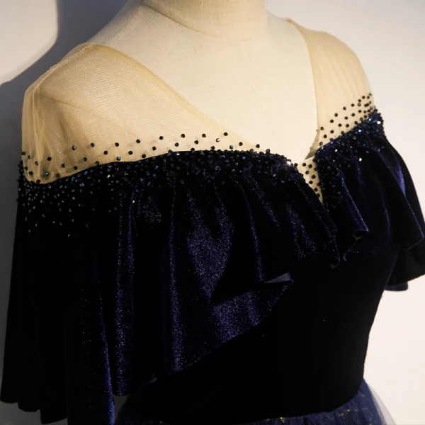 Modern / Fashion Navy Blue Suede See-through Evening Dresses 2019 A-Line / Princess V-Neck 1/2 Sleeves Rhinestone Glitter Sequins Floor-Length / Long Ruffle Backless Formal Dresses