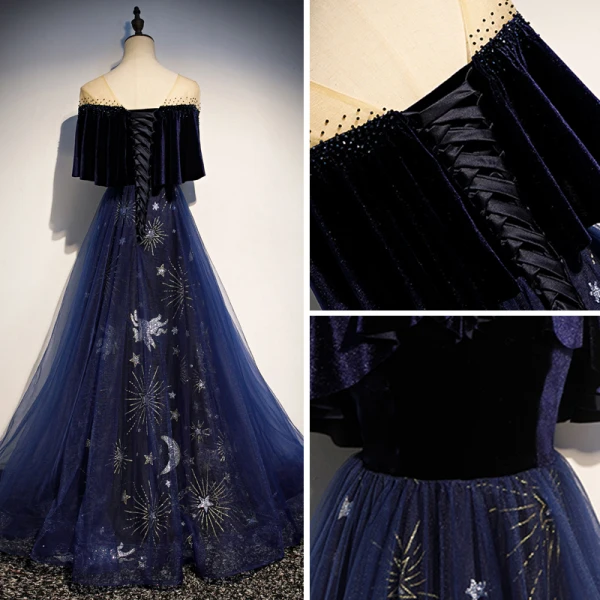 Modern / Fashion Navy Blue Suede See-through Evening Dresses 2019 A-Line / Princess V-Neck 1/2 Sleeves Rhinestone Glitter Sequins Floor-Length / Long Ruffle Backless Formal Dresses