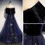 Modern / Fashion Navy Blue Suede See-through Evening Dresses  2019 A-Line / Princess V-Neck 1/2 Sleeves Rhinestone Glitter Sequins Floor-Length / Long Ruffle Backless Formal Dresses