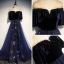 Modern / Fashion Navy Blue Suede See-through Evening Dresses  2019 A-Line / Princess V-Neck 1/2 Sleeves Rhinestone Glitter Sequins Floor-Length / Long Ruffle Backless Formal Dresses