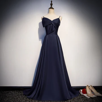 Modest Simple Navy Blue Satin Evening Dresses 2019 A Line Princess Spaghetti Straps Sleeveless Court Train Ruffle Backless Formal Dresses