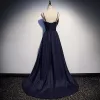 Modest / Simple Navy Blue Satin Evening Dresses  2019 A-Line / Princess Spaghetti Straps Sleeveless Court Train Ruffle Backless Formal Dresses