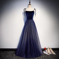 Cielo Estrellado Marino Oscuro Suede Vestidos de noche 2019 A-Line / Princess Spaghetti Straps Sin Mangas Glitter Lentejuelas Largos Ruffle Sin Espalda Vestidos Formales