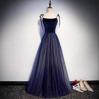 Ciel Étoilé Bleu Marine Daim Robe De Soirée 2019 Princesse Bretelles Spaghetti Sans Manches Glitter Paillettes Longue Volants Dos Nu Robe De Ceremonie