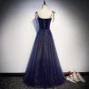 Starry Sky Navy Blue Suede Evening Dresses  2019 A-Line / Princess Spaghetti Straps Sleeveless Glitter Sequins Floor-Length / Long Ruffle Backless Formal Dresses