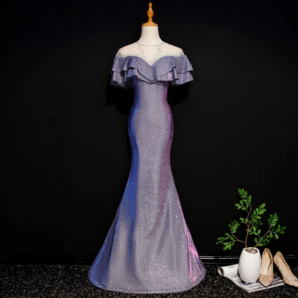 Bling Bling Violet Transparentes Robe De Soirée 2019 Trompette / Sirène Encolure Dégagée Sans Manches Faux Diamant Glitter Polyester Longue Volants Dos Nu Robe De Ceremonie