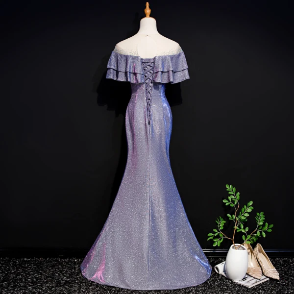 Bling Bling Violet Transparentes Robe De Soirée 2019 Trompette / Sirène Encolure Dégagée Sans Manches Faux Diamant Glitter Polyester Longue Volants Dos Nu Robe De Ceremonie