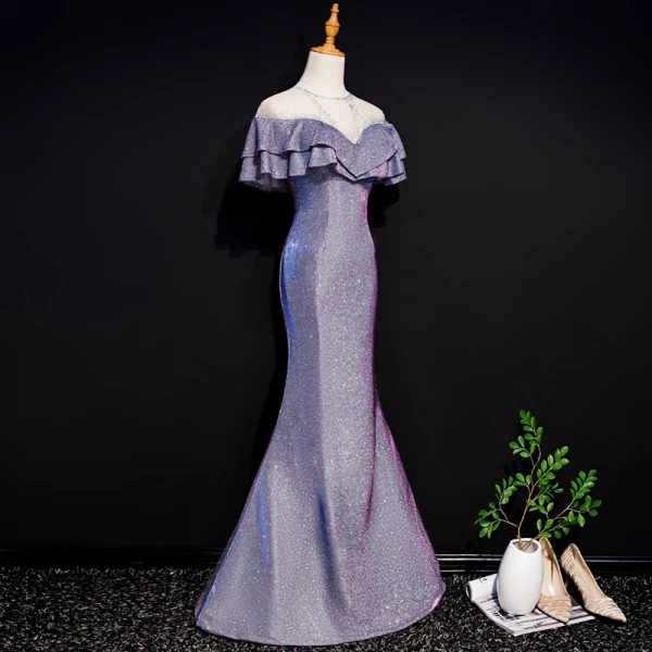 Bling Bling Violet Transparentes Robe De Soirée 2019 Trompette / Sirène Encolure Dégagée Sans Manches Faux Diamant Glitter Polyester Longue Volants Dos Nu Robe De Ceremonie