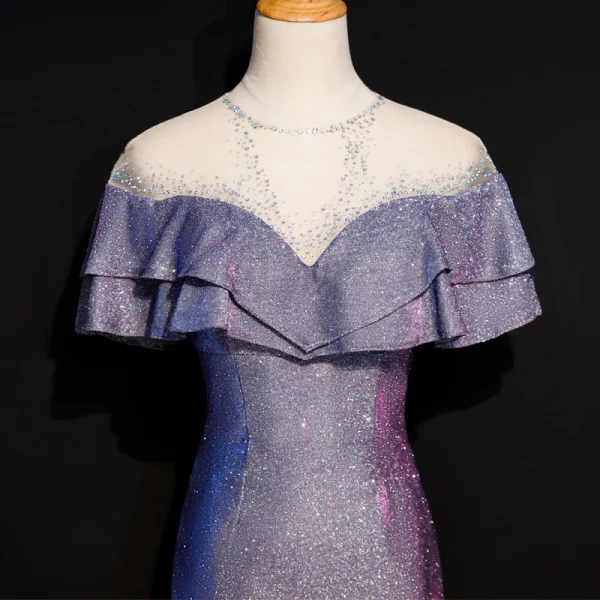 Bling Bling Violet Transparentes Robe De Soirée 2019 Trompette / Sirène Encolure Dégagée Sans Manches Faux Diamant Glitter Polyester Longue Volants Dos Nu Robe De Ceremonie